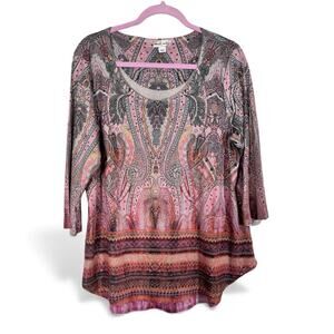 World Unity Pink Grey Paisley Floral Tunic Blouse Womens XL Boho Hippie Shirt